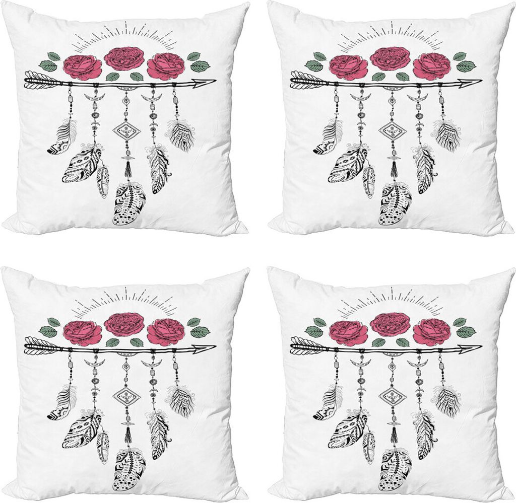 ABAKUHAUS Ethnisch Kissenbezug Set (4 Stück), Hippie Federn Pfeil Rose, Moderner Doppelseitiger Digitaldruck, 50 cm x 50 cm, Charcoal Grey Pink
