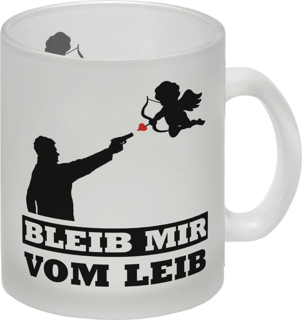 Bleib mir vom Leib Glas Tasse mit Amor Motiv