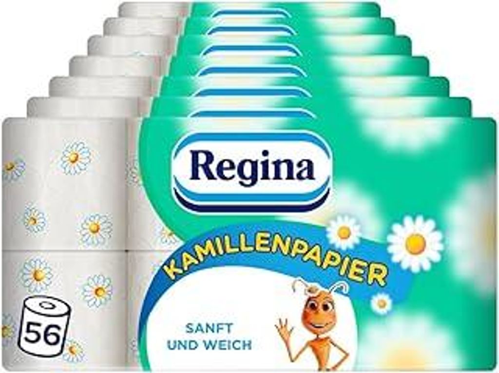 Regina Kamillenpapier 3-lagiges Toilettenpapier - 56 Rollen-Packung (7 x 8 Einzelpackungen), 150 Blatt pro Rolle, Sanft und zuverlässig, Mit einem...