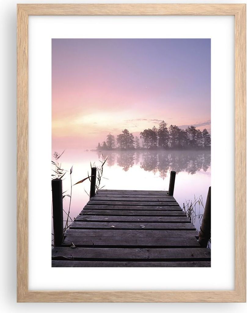 Gerahmtes Poster - Rahmen in heller Eiche - Morgen Sonnenaufgang Nebel See - 30x40 cm - Wand Bild - Wanddeko - Wandbilder - Wandposter - Bilderrahm...