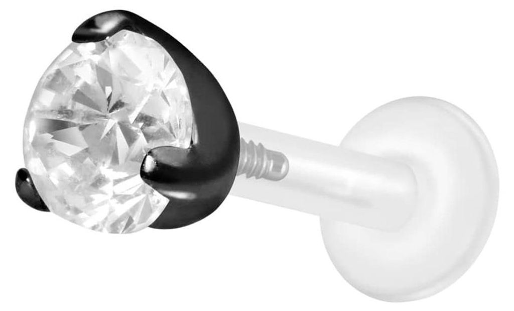 Ohrpiercing, Nasenpiercing PTFE Labret mit Innengewinde + Titan-Aufsatz EINGEFASSTER KRISTALL Schwarz Stablänge: 8mm | Stabstärke: 1,6mm | Krista...