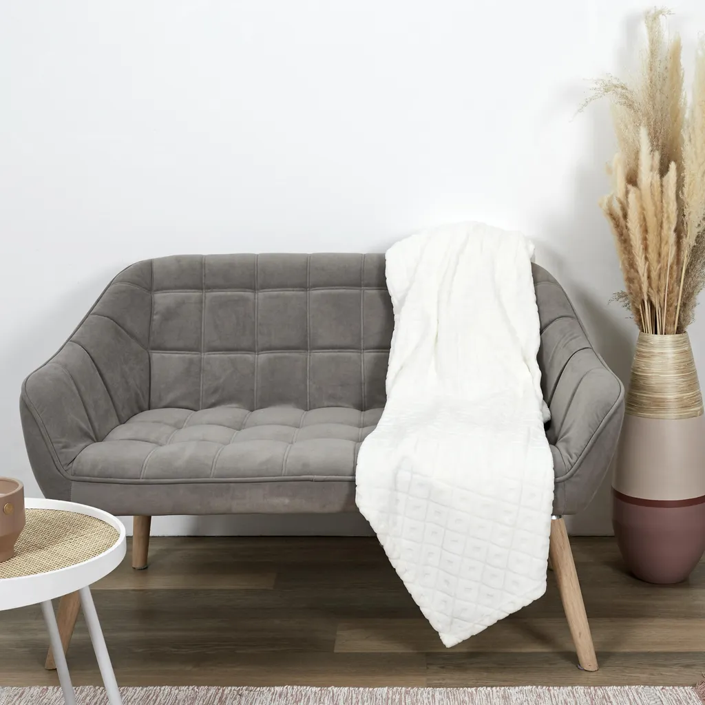 Plaid Gaufré Beige 140x200cm - Couverture Douce Effet Relief Embossé