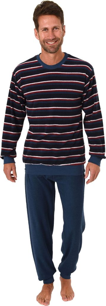 Herren Frottee Pyjama langarm Schlafanzug mit Bündchen in Streifenoptik - 291 101 13 578 ; marine , 56