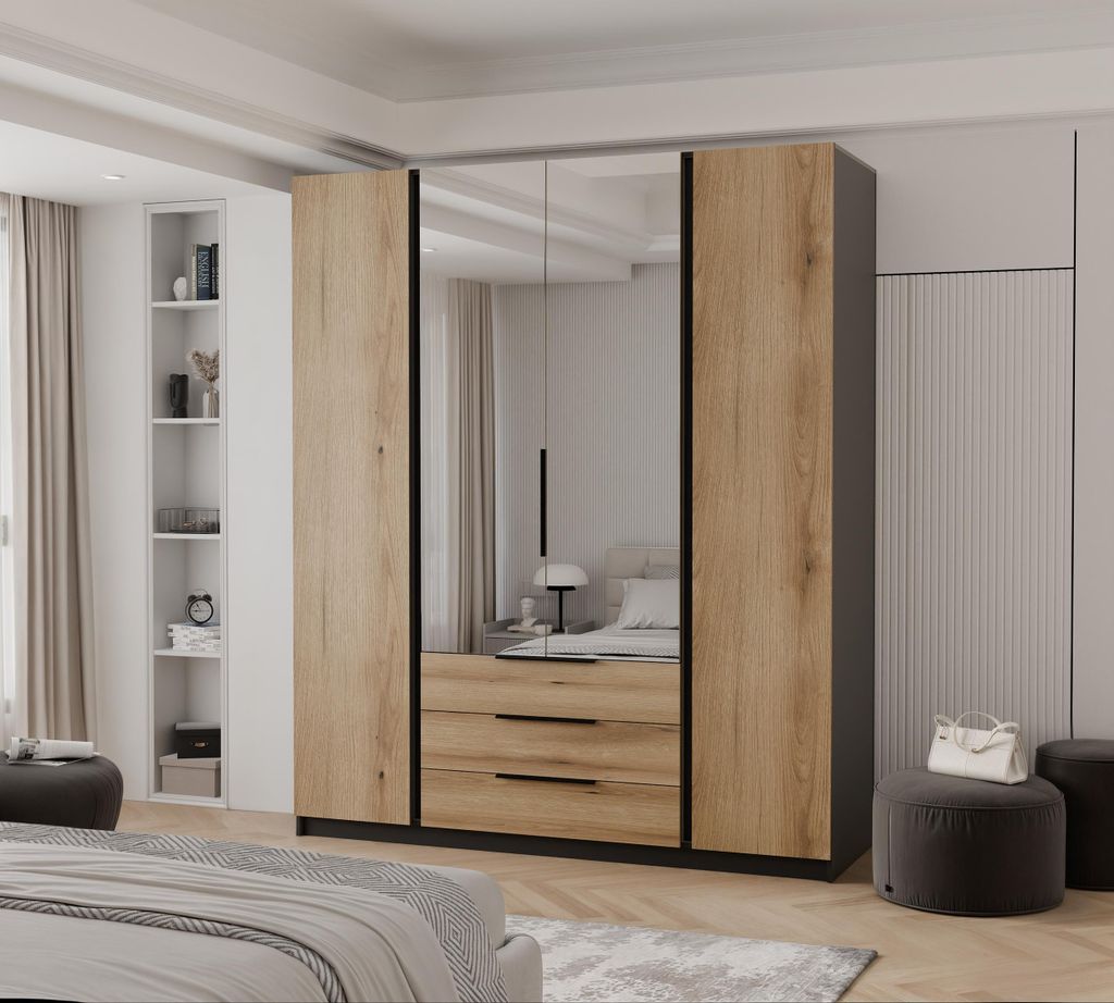 Viertüriger Drehtürenschrank VERONA mit Spiegel und Lamellen Moderner stilvoller Loft-Kleiderschrank schwarze