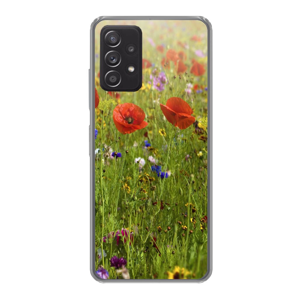 MuchoWow Handyhülle Schutzhülle Hülle für Samsung Galaxy A53 5G Frühling - Blumen - Rot - Mohn - Gras - Grün Silikon Softcase Handy Hülle ...