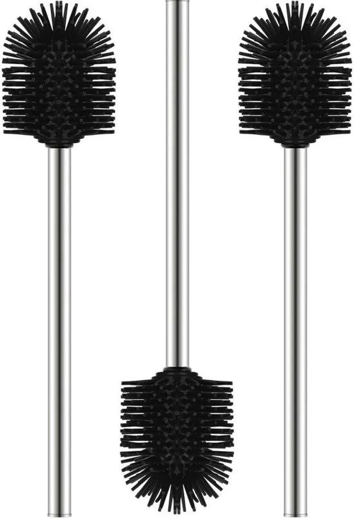 Kit brosse toilette silicone noir 3 pièces avec manche acier inoxydable