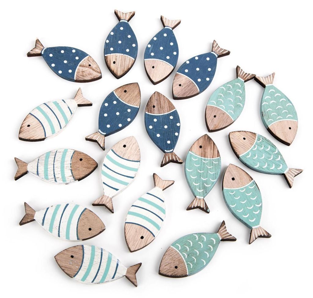 18 kleine Fische aus Holz blau türkis Tischdeko 6 cm