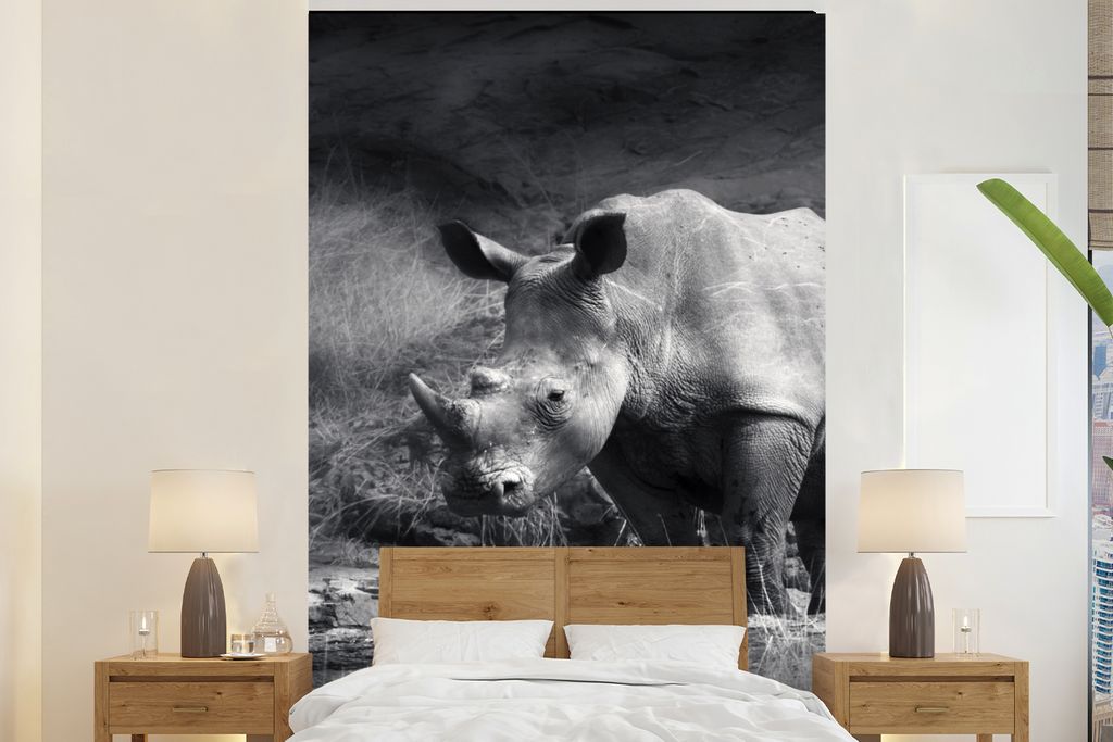 MuchoWow Fototapete für Wohnzimmer oder Schlafzimmer Wandtapete Vinyl Motivtapete Rhinozeros - Natur - Gras - Schwarz - Weiß - 200x300 cm - Wan...