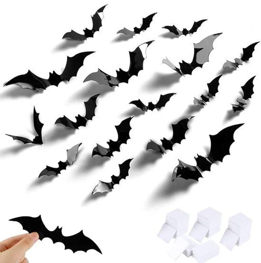 Chauve-souris Halloween 3D adhésives en PVC noir - Lot de 120 pièces