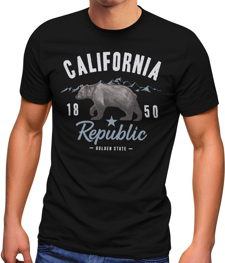 Neverless Herren T-Shirt California Sommer Summer Golden State USA Bär Bear Bedruckt Aufdruck Print Fashion Streetstyle Neverless schwarz -wei...