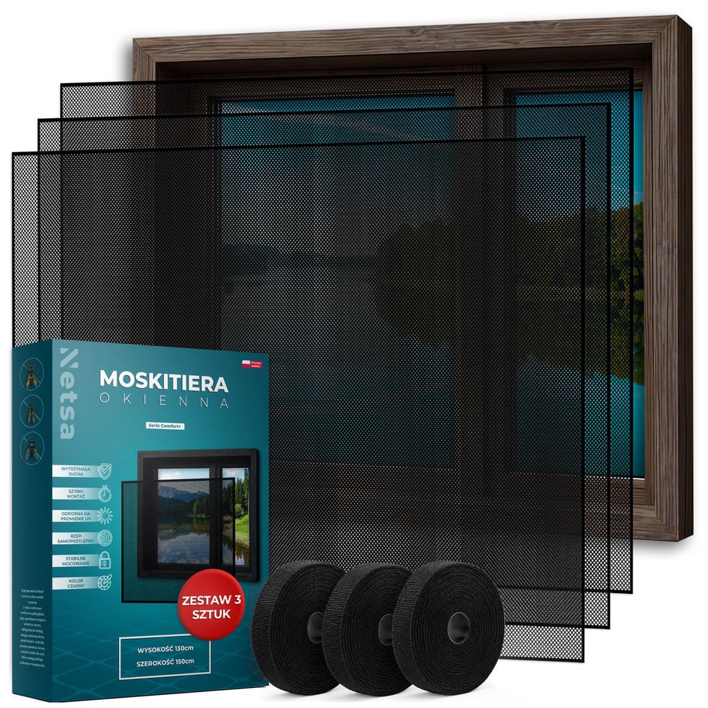 Netsa | 3er Set Fenster-Moskitonetz 130x150 cm Schwarz – Fliegengitter Für Fenster – Zuschneidbar Mit Klettband