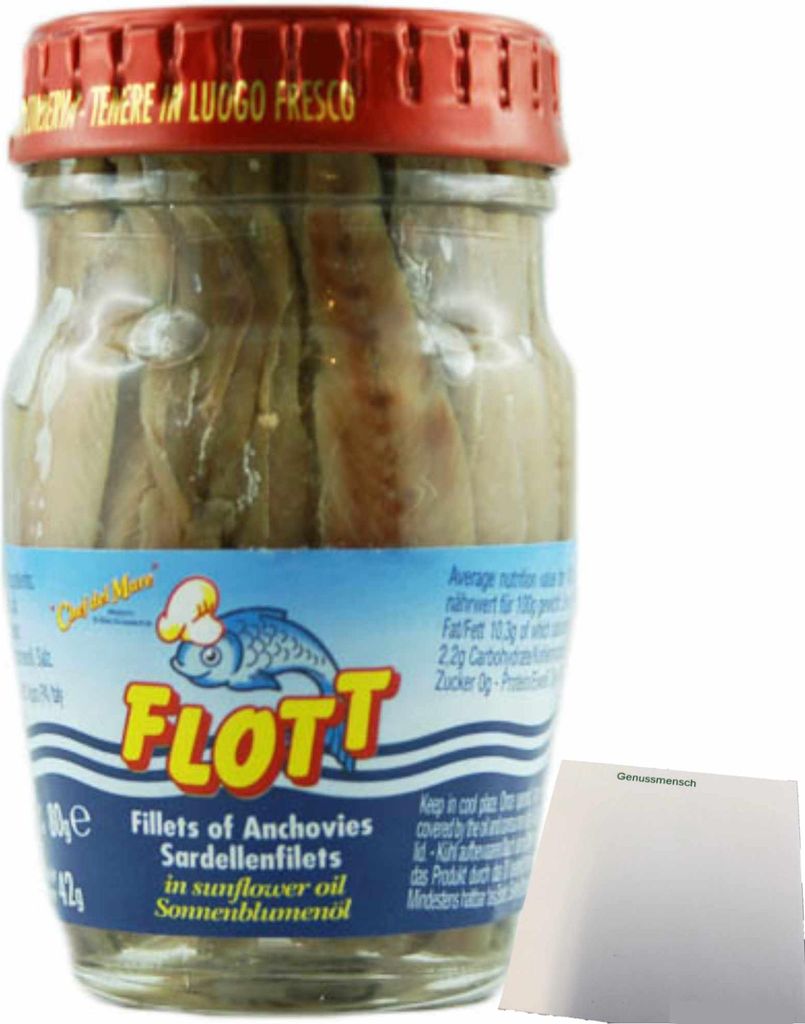Flott Acciughe "Anchovies Sardellenfilets" in Sonnenblumenöl (80g Glas) + usy Block