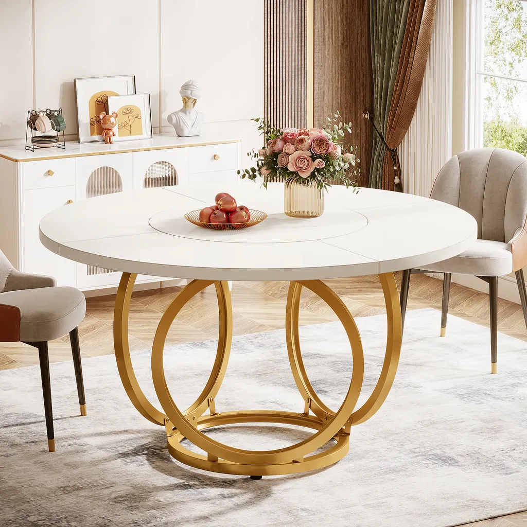 Grande table de salle à manger ronde pour 4 convives 120 cm blanc et or