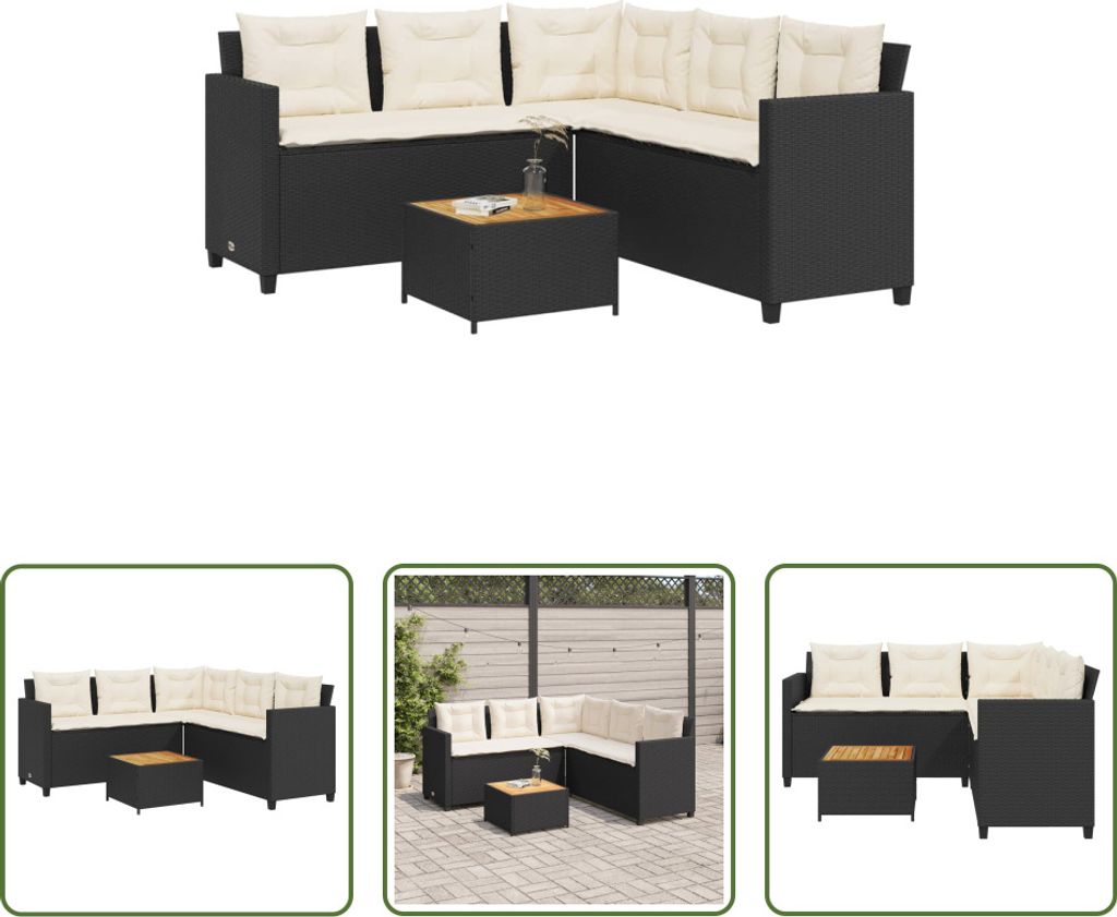 The Living Store Gartensofa in L-Form mit Tisch und Kissen Schwarz Poly Rattan