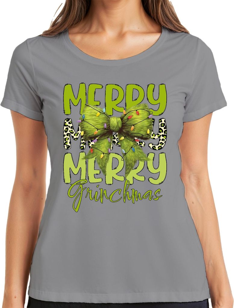 Merry Grinchmas grüne Schleife Weihnachten Leopardenmuster Geschenk Damen T-Shirt, Grau, M