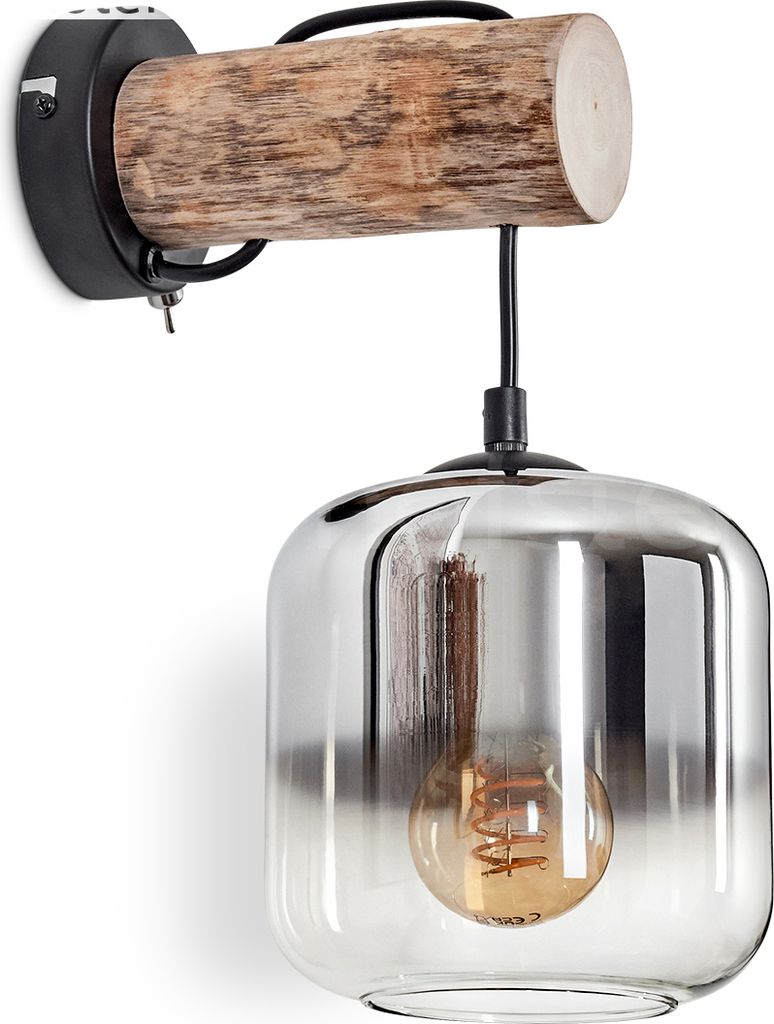 Pernate Wandlampe aus Metall/Holz/Glas in Schwarz/Natur/Chrom/Klar