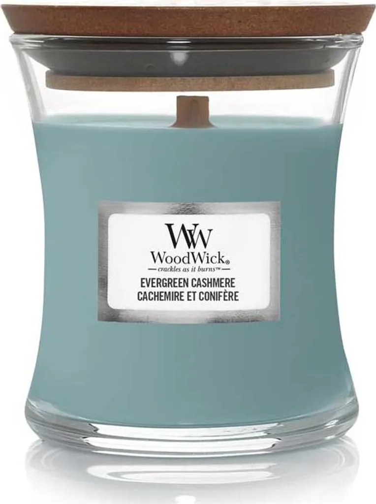 Candela Woodwick Mini Evergreen Cashmere: Atmosfera Foresta e Relax