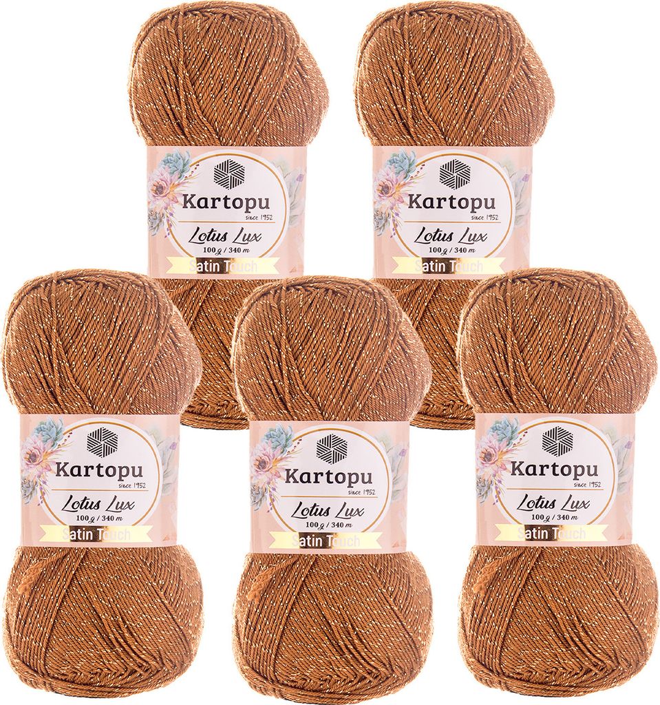 Glitzerwolle Kartopu Lotus Lux 5x100g Strickgarn Wolle mit Glitzer Glitzergarn Sommer, Farbe:K840 hellbraun