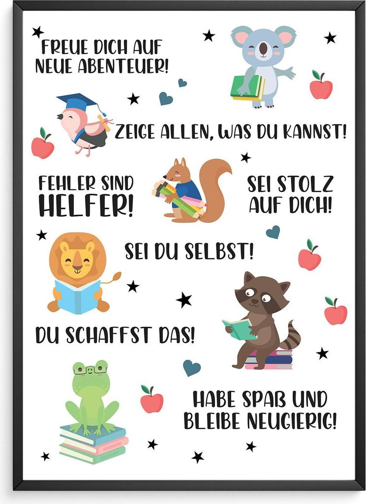 Affirmationsposter Geschenk Schulanfang Einschulung Mutmacher Motivation – DIN A4 + Rahmen schwarz