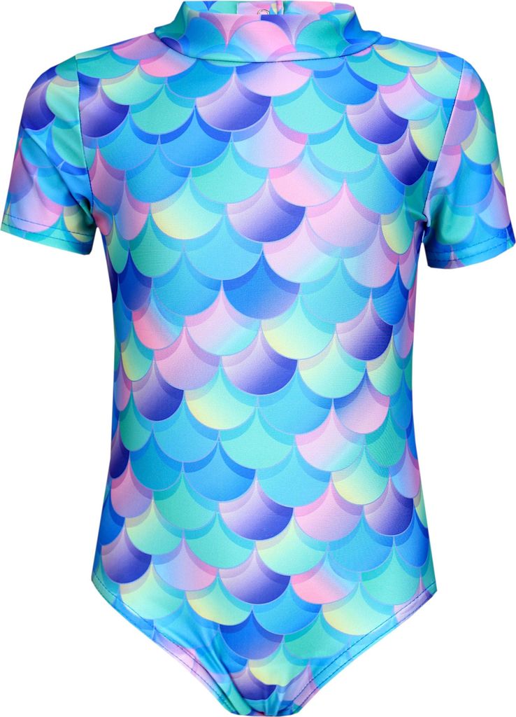 Aquarti Baby Mädchen Badeanzug Einteiliger Kurzarmbody UV-Schutz Schwimmanzug Body Swimmsuit, Farbe: Meerjungfrau Violett / Blau / Rosa, Größe: 104