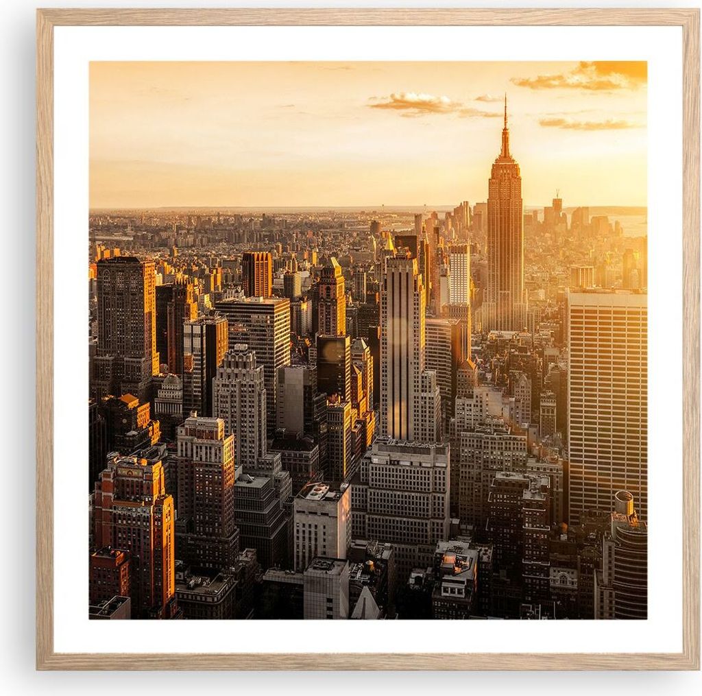 Gerahmtes Poster - Rahmen in heller Eiche - New York Wolkenkratzer Manhattan - 60x60 cm - Wand Bild - Wanddeko - Wandbilder - Wandposter - Bilderra...