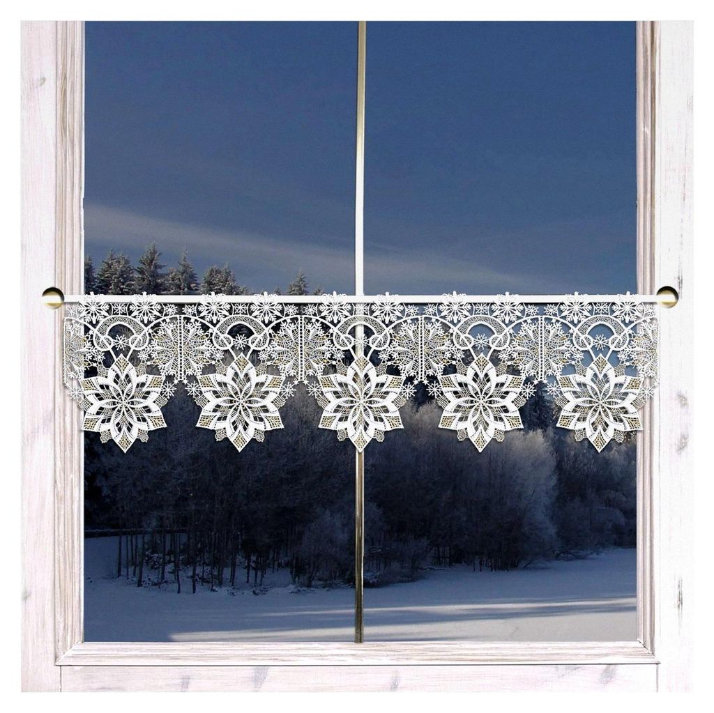 Scheibengardine Schneeflöckchen-Weißröckchen aus Plauener Spitze 22 x 96 cm