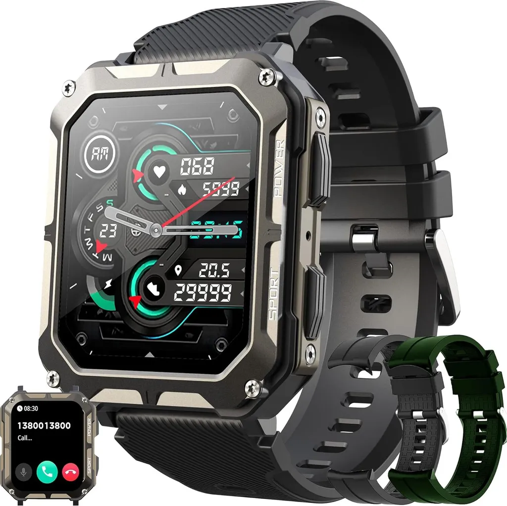 Smartwatch da uomo con funzione telefono, monitor touchscreen da 1,81 pollici impermeabile della pressione sanguigna, frequenza cardiaca, pedometro, 123 modalità sportive iOS Android
