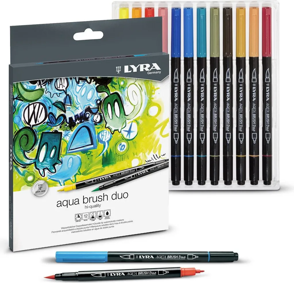 Set de 10 Feutres Noirs Lyra Aqua Brush Duo pour Lettrage et Aquarelle