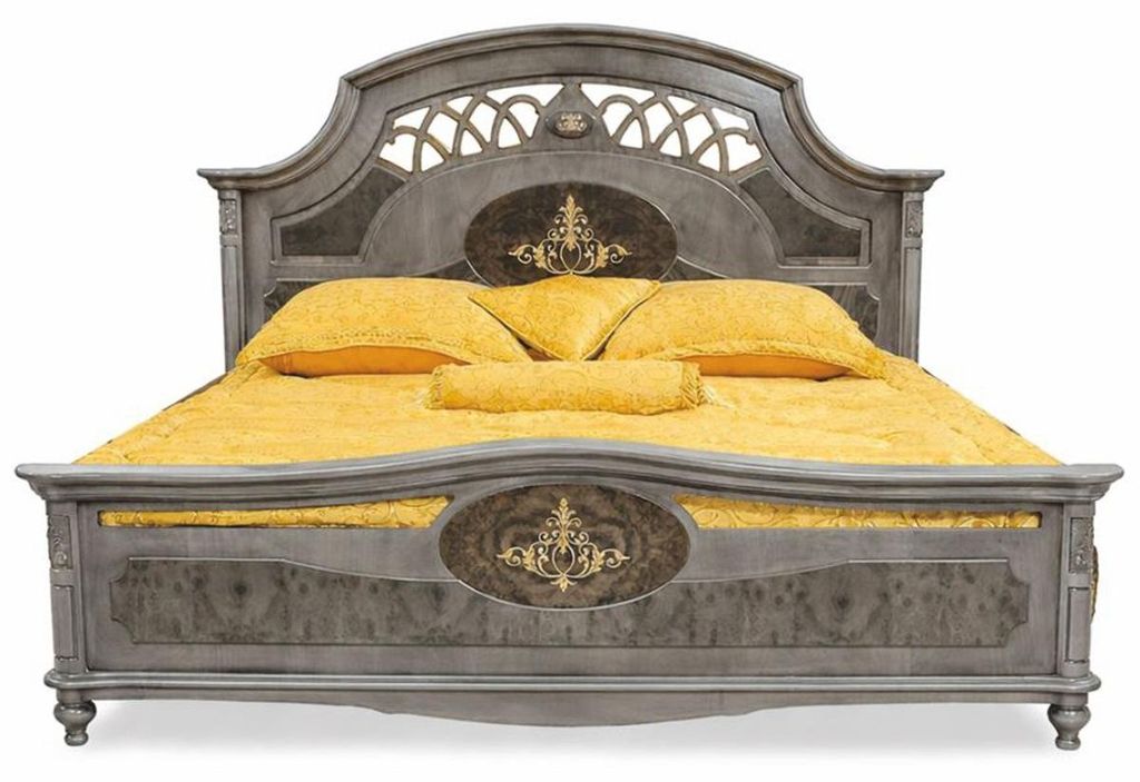 Casa Padrino Luxus Barock Massivholz Doppelbett Grau - Barock Schlafzimmer Möbel
