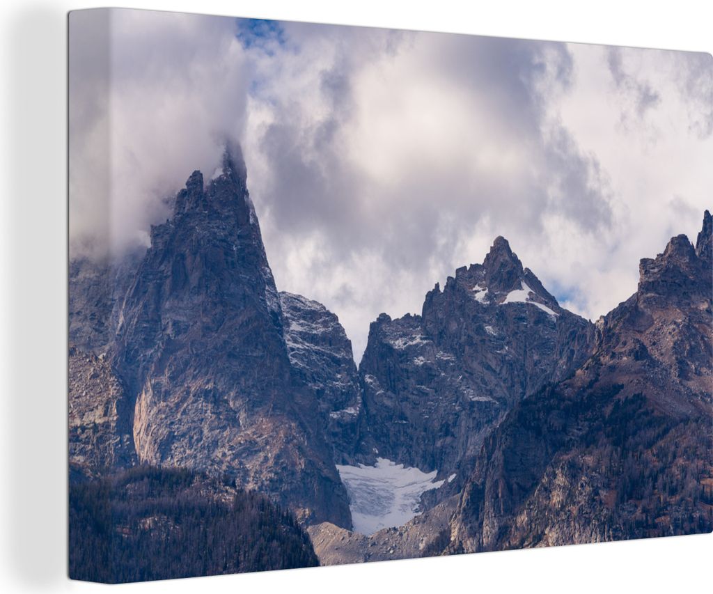 OneMillionCanvasses - Leinwandbilder - 140x90 cm, Die Gipfel der Teton Mountains umgeben von einer dichten Wolkendecke, Wandbilder Kunstdruck Wan...