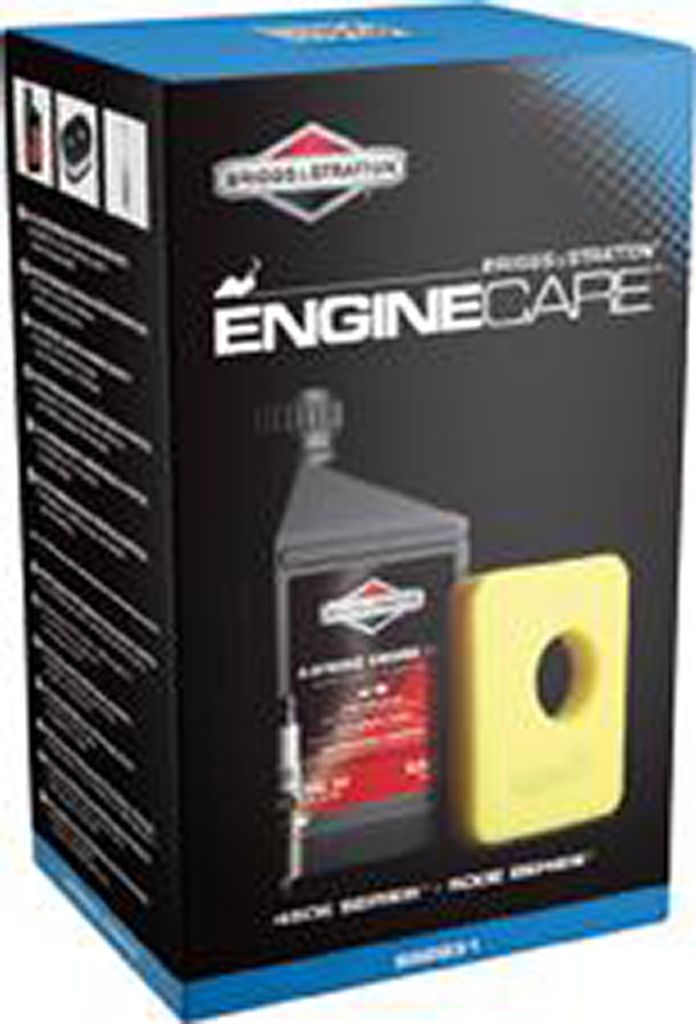 A product box for a Briggs & Stratton engine care kit, showing a bottle of oil and an air filter.