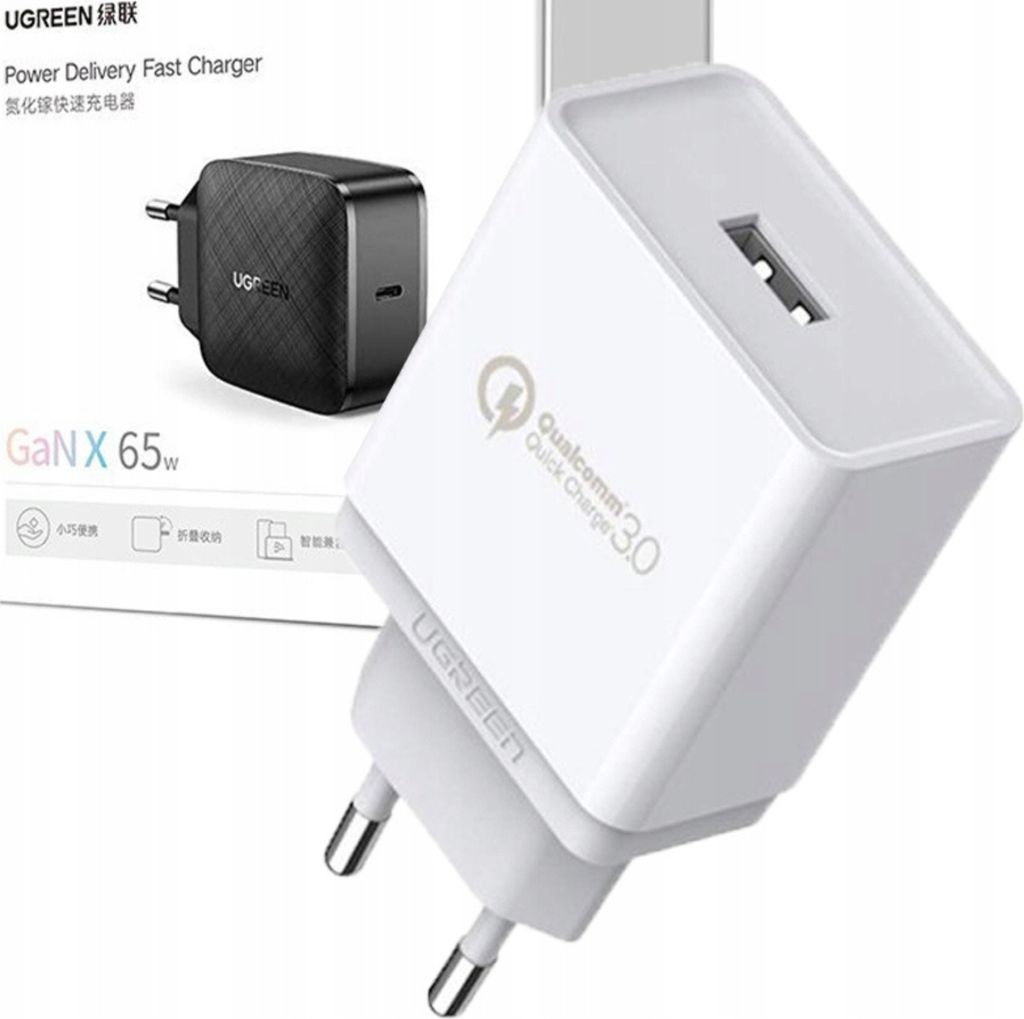 A white Ugreen GaN X 65W fast charger is shown in the foreground, with a black charger and packaging in the background.