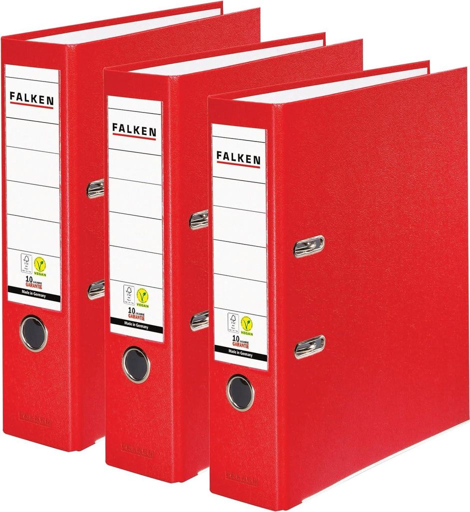 Original Falken 3er Pack PP-Color Ordner. Germany. 8 cm breit DIN A4 rot Vegan Kunststoff-Ordner Ringordner Aktenordner Briefordner Büroordner Pla...