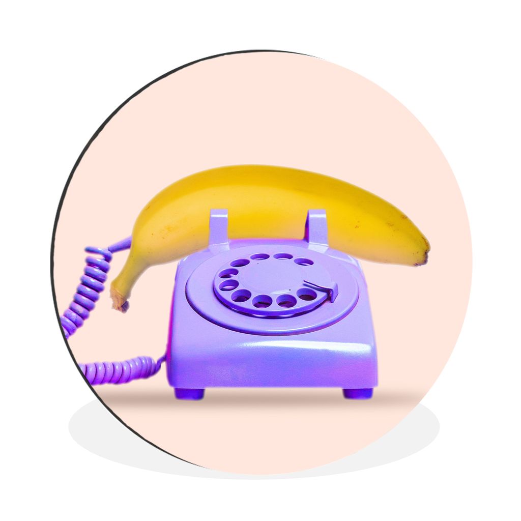 MuchoWow Aluminium Wandkreis Banane - Telefon - Lila - Gelb Ø 90 cm Wanddeko Modern Wohnzimmer - Mauerkreis - Wandbilder - Runde Bild - Bild aus...