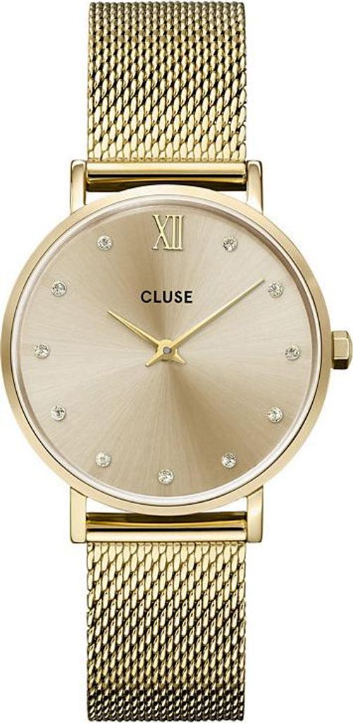 A close-up, front-facing studio shot of a gold Cluse women's watch with a mesh band.