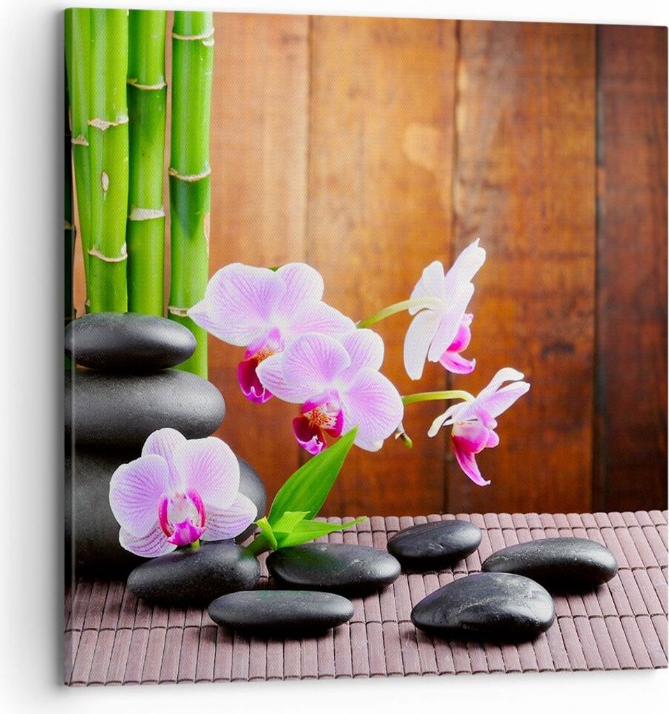 Bild auf Leinwand - Leinwandbild - Bambus Dekoration Blume Orchidee - 70x70cm - Wand Bild - Wanddeko - Leinwanddruck - Bilder - Kunstdruck - Wandde...