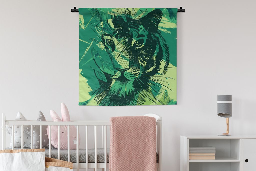 MuchoWow Wandteppich Wandbehang Tiger - Kopf - Grün 90x90 cm Tapisserie Dekoration Wandtuch - Wandaufhänger