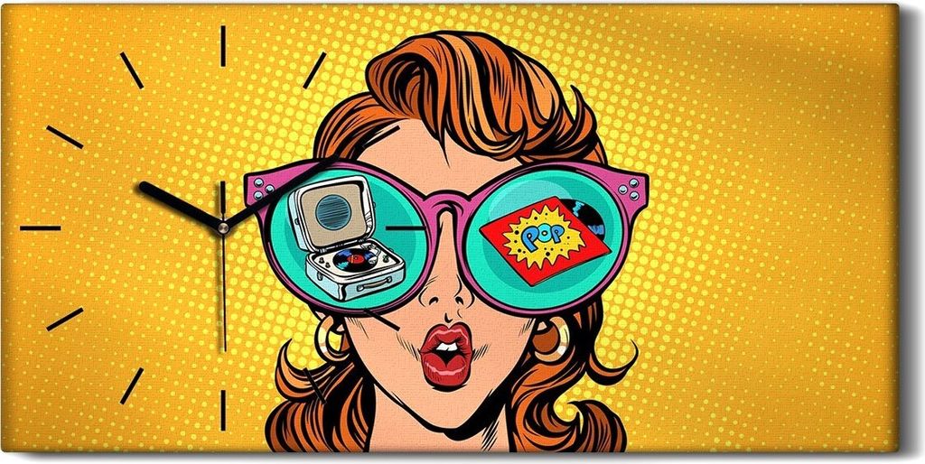 Leinwand Uhr Küche Wohnzimmer Bild 60x30 Frau mit Sonnenbrille Pop Vinyl Retro - schwarze Hände
