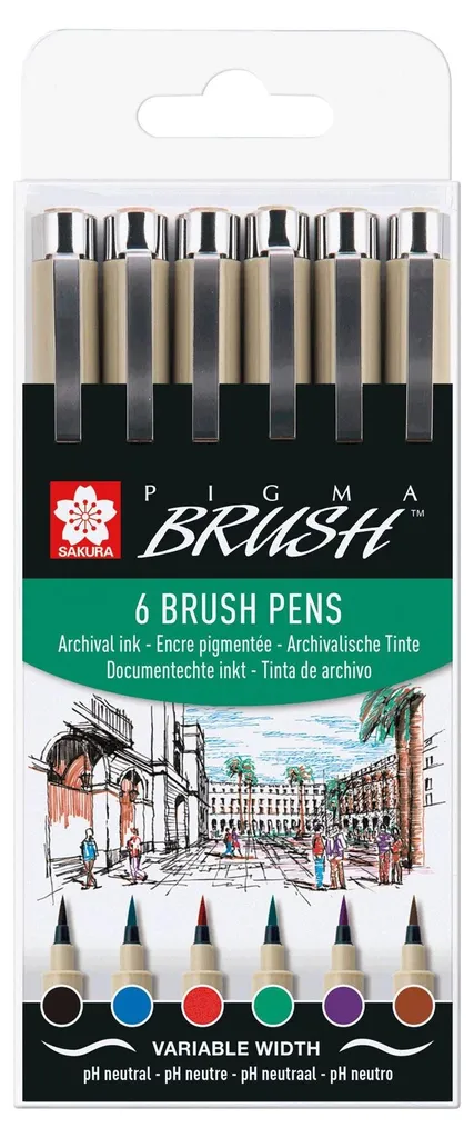 Sakura Pigma Brush - Set de 6 stylos pinceaux noirs à encre de Chine