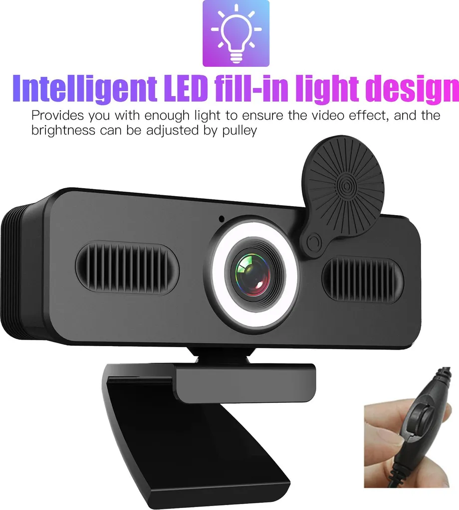 Webcam PC Full HD avec lumière LED et micro pour ordinateur de bureau
