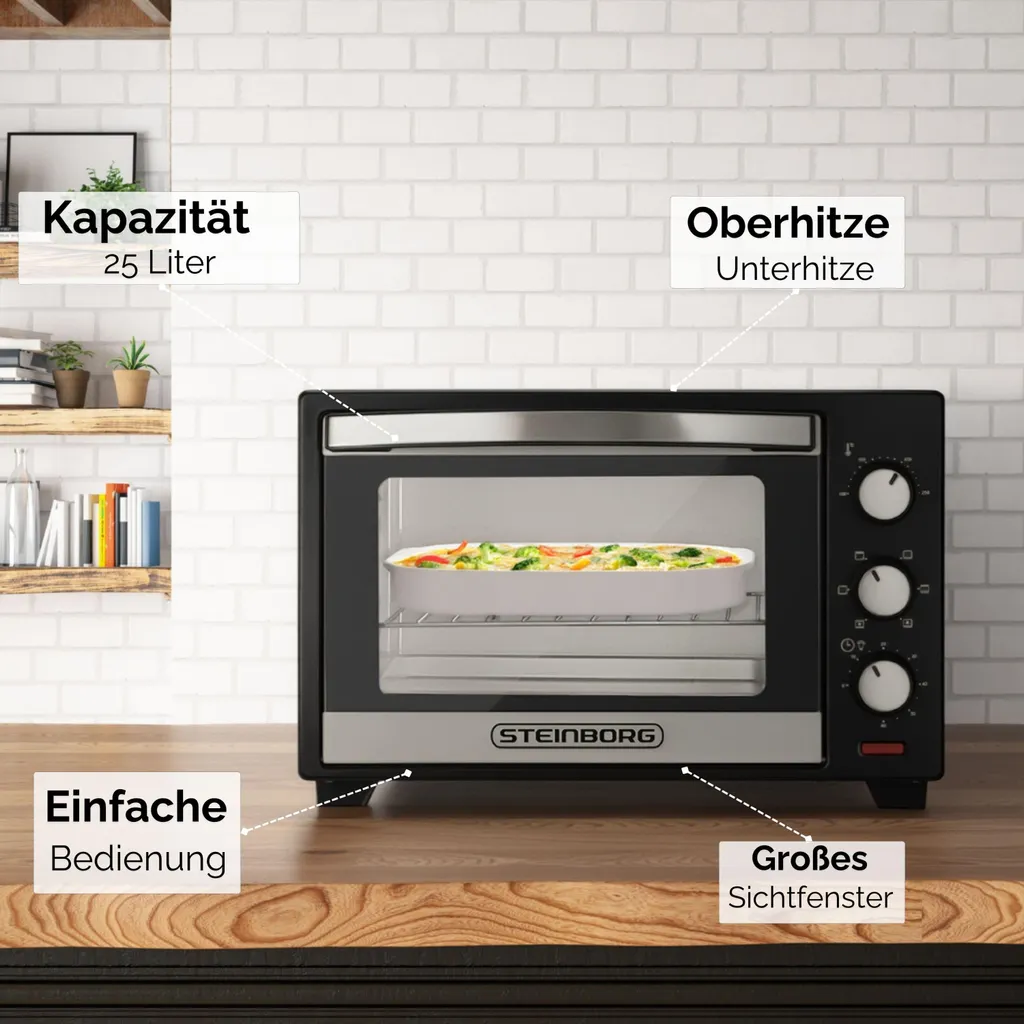 Steinborg Mini-four 25L 1600W Argent - Four à Pizza 3-en-1 Convection - 9
