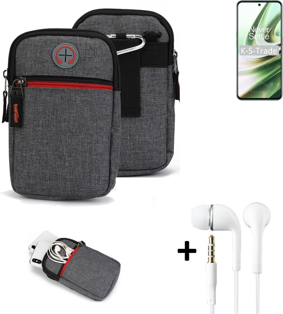K-S-Trade Gürteltaasche + Kopfhörer kompatibel mit OnePlus 10R 5G Handy Tasche Holster Schutz Hülle Handy Hülle grau Zusatzfächer 1x