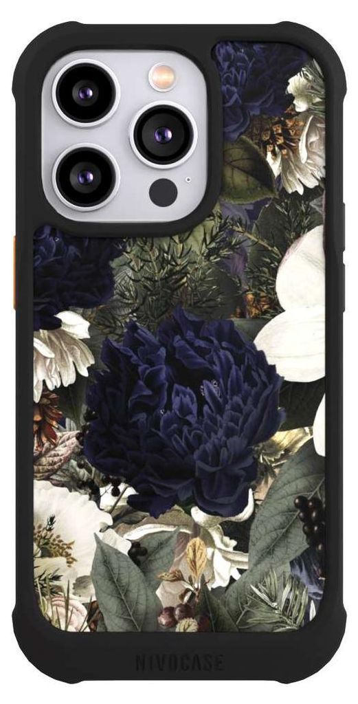 NIVOCASE Hülle für Apple iPhone 14 Pro Stoßfeste Handyhülle NIVOmax Case Schwarz Blumen Utart Vintage