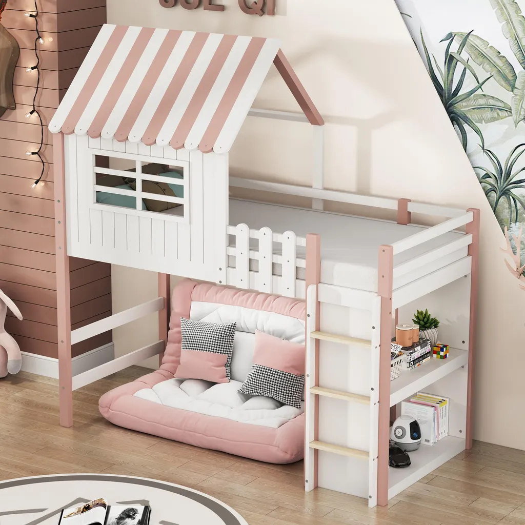 Lit cabane 90x200 avec étagère de rangement et barrière de sécurité
