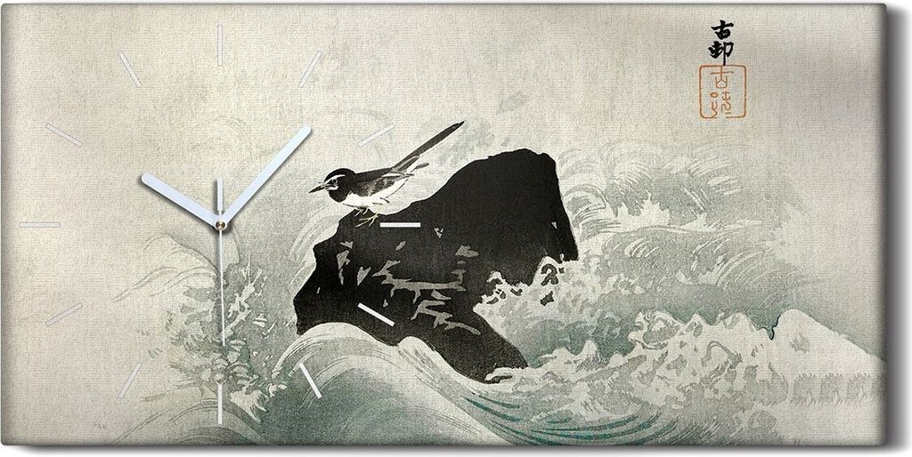 Dekor Leinwand Uhr Wandbild 60x30 Malerei Asiatische Wasser Wellen Vogel Felsen - weiße Hände