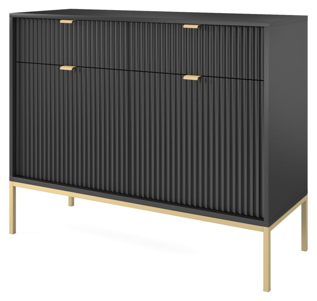 Möbae Lumina KSZ104 Kommode Schwarz 104 cm – Sideboard modern, 2 Schubladen, 2 Türen, Stauraum, goldene Beine