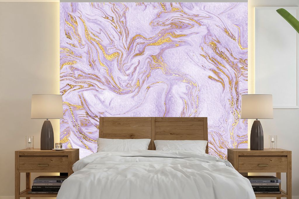 MuchoWow Fototapete für Wohnzimmer oder Schlafzimmer Wandtapete Vinyl Motivtapete Marmor - Flieder - Gold - 300x300 cm - Wanddekoration