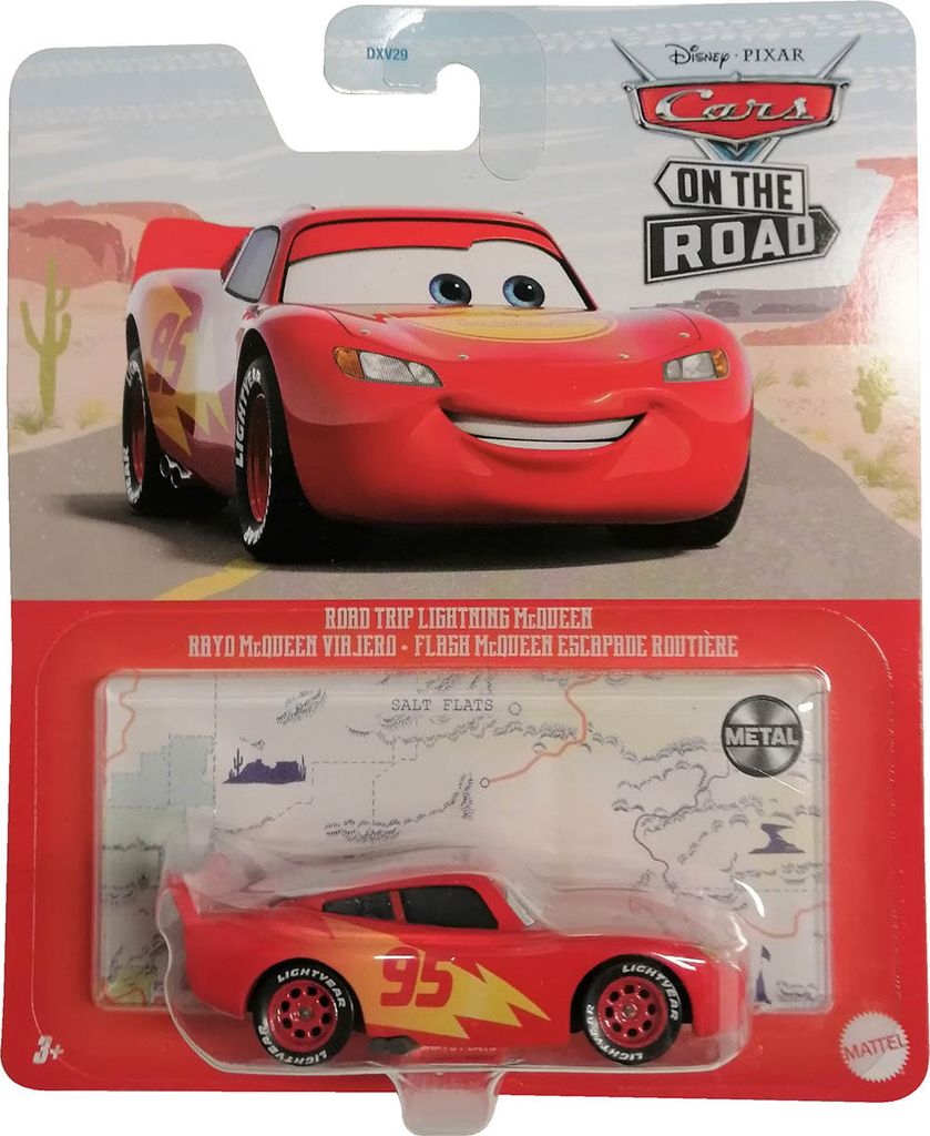 A toy car packaged for sale, featuring the character Lightning McQueen from Disney Pixar's Cars.