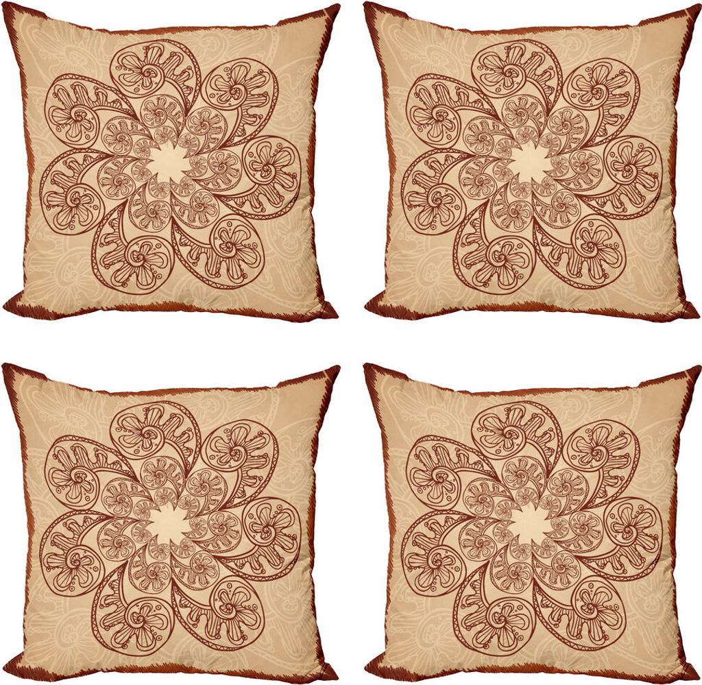 ABAKUHAUS Brown Mandala Kissenbezug Set (4 Stück), Kreise Zentangle, Moderner Doppelseitiger Digitaldruck, 40 cm x 40 cm, Chestnut Brown und Beige