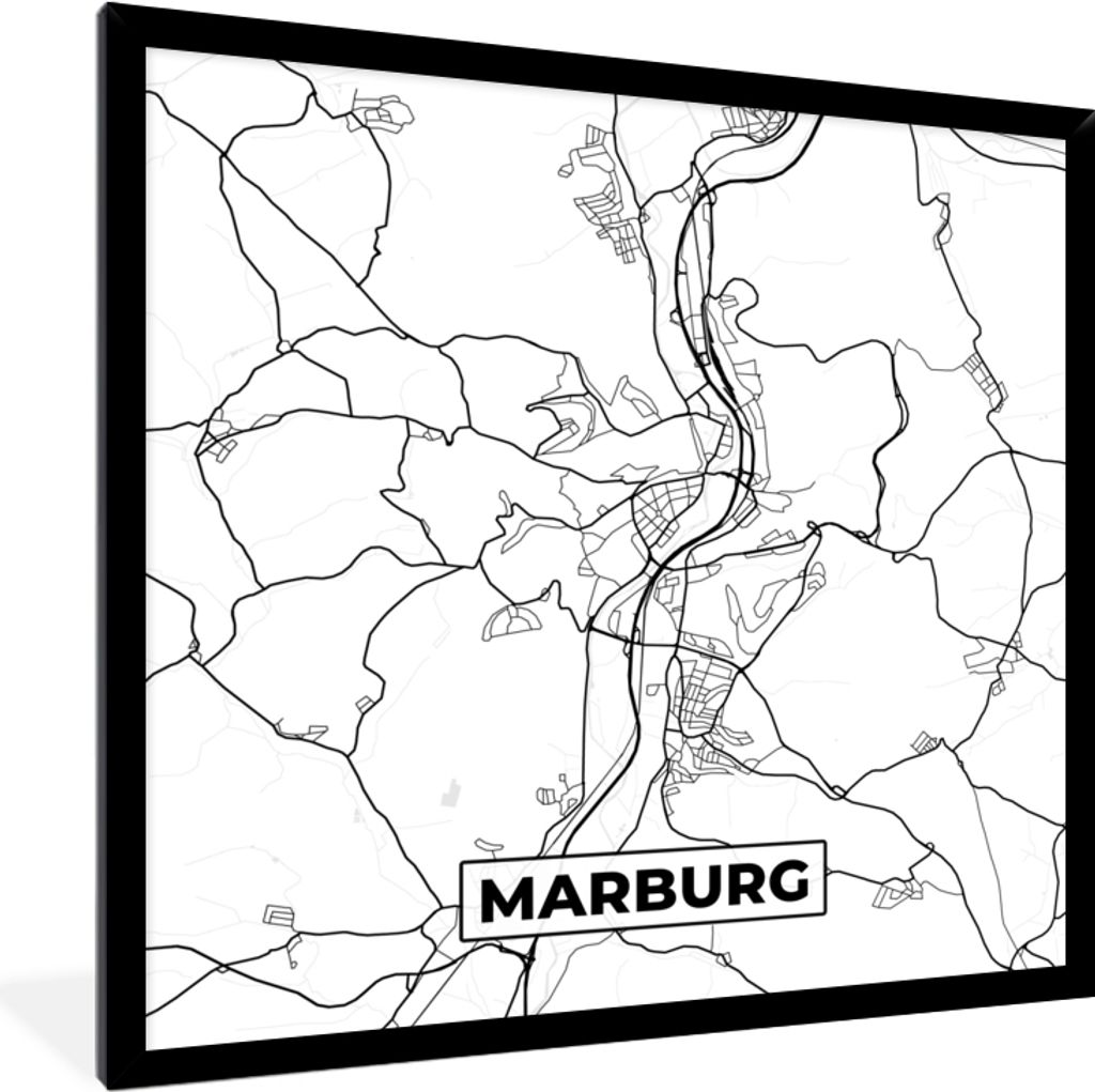 MuchoWow Gerahmtes Poster Karte - Marburg - Stadtplan 40x40 cm - Poster mit Schwarzem Bilderrahmen Wandposter Rahmen Foto Bilder - Mit Rahmen - W...
